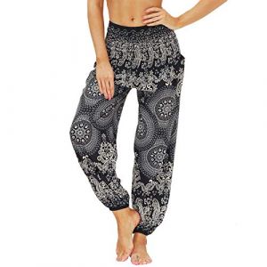 Nuofengkudu Femme Hippie Sarouel Harem Thai Pantalon Poches Boho Fleuri Print Taille Haute Baggy Casual Plage Leger Yoga Pants(Y-Modèle 10,Taille Unique) (better Life, neuf)