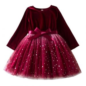SoLu DAY8 Robes Enfant Fille Ceremonie 2-7 Ans Noel Hiver Robe Princesse Fille Chic Et Elegant Anniversaire Mariage Habill&eacute;e Robe Velours Fille avec Tulle Manche Longue Bowknot (5-6 Ans, Rouge) (SoLu DAY8, neuf)