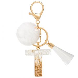 MWOOT Porte Clé Lettre T Peluche Tassel, Initial Résine Personnalisé Keychain Or Blanc, Porte Clef Lettre Pendentif Décoratif, Kawaii Porte Clef Voiture Charm, Idee Cadeau D'Anniversaire pour Femme (vetpw, neuf)