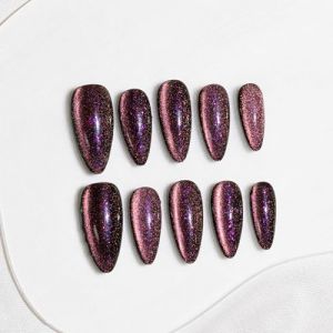 Sun&Beam Nails Ongles artificiels faits main Moyen Amande &agrave; coller en Noir Rose Violet Aimant Couleur unie Minimaliste design avec autocollants &ndash; 10 pi&egrave;ces (#258 XS) (Sun&Beam FR, neuf)