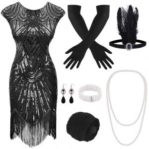PLULON Robe à clapet des années 1920, Robe Gatsby rugissante des années 20 avec Accessoires des années 20 (Grocery Mall, neuf)