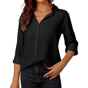 Chemisier Blanc Femme Chic Et élégant à Manches Longues pour Femme - Chiffon Chemisier avec Boutons - Col en V Haut Décontracté - pour Le Bureau Travail pour Femme Blouse (SpringSeaon, neuf)