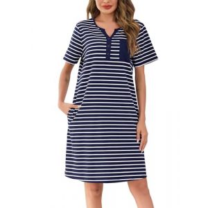 Lovasy Chemise de Nuit Coton Femme &Eacute;t&eacute; Chemise de Nuit Manches Courtes &agrave; Rayure Robe De Nuit Boutonn&eacute;e Devant Tee Shirt de Nuit Femme Grande Taille avec Poches Lat&eacute;rales D Bleu Marine XXL (Lovasy Direct, neuf)