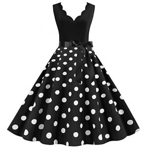 Robe Année 60 Pin-Up Femme Sexy Col V sans Manche Retro Robe Style 1950's Audrey Hepburn Pin-Up Rockabilly Elegante Polka Dot Trapèze Vintage Robes Swing Robe De Bal Fête Cérémonie Mi Longue (Blingko, neuf)