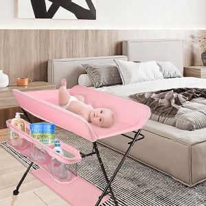 Table à Langer Pliable et Portable,Table à Langer Pliante avec Panier de Rangement, à Côté, Charge Max 25KG pour Nouveaux,Nés Design Ergonomique (Rose) (Willanmd, neuf)