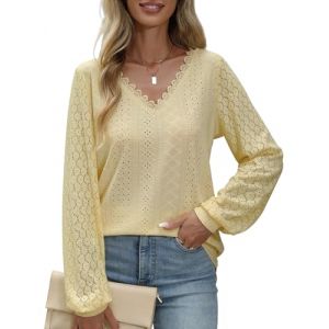 PASUDA Chemisier Femme Chic et &Eacute;l&eacute;gant Blouse Col en V Chemise Manches Longues en Dentelle Haut Tops D&eacute;contract&eacute; de Couleur Ample Tunique Respirant T Shirts(Beige,XXL) (Amutoo, neuf)