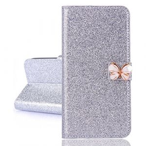 Coque Etui à Rabat pour Honor 9 Lite Housse à Rabat Portefeuill Glitter Briller Argenté Housse Pochette en Cuir Portefeuille Back Etui Folio Couverture Protecteur Coquille pour Honor 9 Lite (Bolong, neuf)