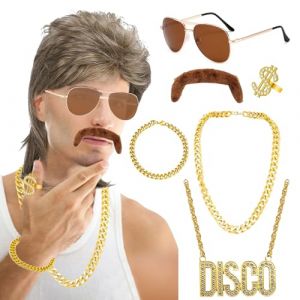 Roserrose Perruque Mulet Homme Année 80 - Kit Déguisement 7 Pièces Carnaval & Halloween | Costume Disco Années 70-80 avec Barbe et Bijoux Dorés | Perruque Coupe Mulet Homme pour Soirée à Thème (Roserrose, neuf)