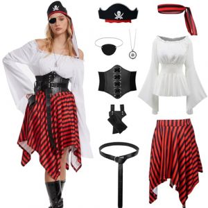 AJGEGJE Costume de pirate pour femme, ensemble de robe de pirate avec haut de pirate, jupe, foulard de pirate, ceinture, collier, pour Halloween, carnaval, cosplay (Blanc, XXL) (BYLMTP, neuf)