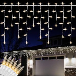 138 led Lampe à glaçons 8 modes de contrôle rideau court, 6M Icicle Lights chaîne de fée imperméable à l'eau pour intérieur et extérieur, vacances, fête, décoration de fenêtre(warm'white, 138 led) (Atew store, neuf)