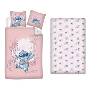 Aymax Parure de Lit Stitch 3 Pièces Rose, 100% Coton, Housse de Couette 140x200 cm + Taie d'oreiller 65x65 cm et Drap-Housse 90x200 cm (LesAccessoires, neuf)