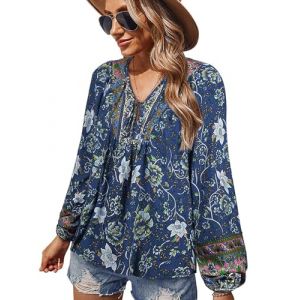 CNTSFS Chemisier pour femme, élégant, décontracté, style bohème, col en V, motif floral, tunique ample à manches longues, été, bleu marine, M (CNTSFS, neuf)