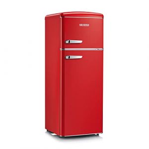 SEVERIN Réfrigérateur Congélateur 2 portes, Pose libre, Largeur 55 cm, 206L, Classe E, Veggibox incluse, Rétro, Rouge, RKG 8930 (P.E.Shop, neuf)
