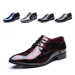 Chaussure Homme Derby Oxford Homme Classique Brogues Casual Mariage Chaussures Dressing Lacets Cuir Vernis 1012 Rouge Taille 45 (Free Mobile OU, neuf)