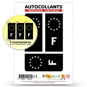 Autocollant Plaque Immatriculation 3 stickers pays F France - Identifiant Europ&eacute;en en version Fond Noir : Moto et Cyclo 6,5 x 3 cm (blasonimmat, neuf)