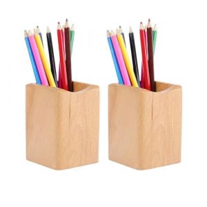 SHOPUKASA Lot de 2 porte-crayons en bois naturel multi-usages - Pot à crayons - Boîte de rangement de bureau (couleur hêtre) (UKASA, neuf)
