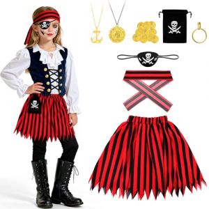 AOOWU Deguisement Pirate Enfant, 8PCS Ensemble de Costume Pirate avec foulard sur la t&ecirc;te et Accessoires de Pirates, D&eacute;guisement Pirates Fille pour Carnaval Halloween No&euml;l f&ecirc;te d'anniversaire Cosplay (Aixhe, neuf)