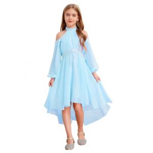 Freebily Asym&eacute;trique Robe De Mariage Soir&eacute;e Princesse Fille Enfant Robe Licou de Cocktail Nouvelle Ann&eacute;e Concours De Beaut&eacute; Ecole Volants Strass Diamants Bleu 13-14 Ans (MissPretty, neuf)
