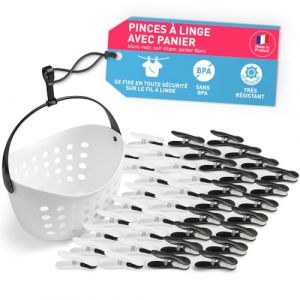 culiclean Pince a Linge Soft Clips – Panier Epingle a Linge – Fabriqué en France – Blanc-Noir avec Panier Blanc – Lot de 40 Pinces + 1 Panier (ISC Brands, neuf)