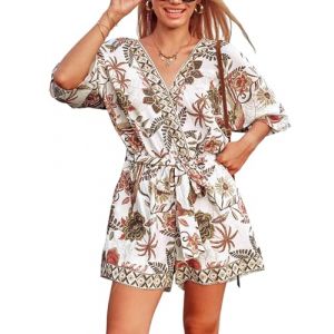 CUPSHE Combinaison en une pi&egrave;ce pour femme avec col en V, dentelle, manches dolman imprim&eacute; l&eacute;opard, jambes larges, d&eacute;contract&eacute;e, L (CUPSHE FR, neuf)