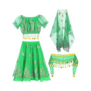Sxiwei 5 Pi&egrave;ces Tenue Danse Orientale Fille Enfant Robe Danse du Ventre Deguisement Indienne Princesse Spectacle Cosplay A Vert 9-10 Ans (Sxiwei, neuf)