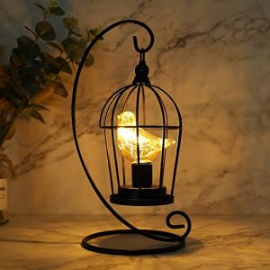 JHY DESIGN Ampoule de Cage &agrave; Oiseaux Lampe D&eacute;corative &agrave; piles 31 cm de Hauteur Accent Sans Fil avec Ampoule de Guirlande Lumineuse Blanc Chaud pour Salon Cuisine de Mariage (Noir) (JHY DESIGN, neuf)