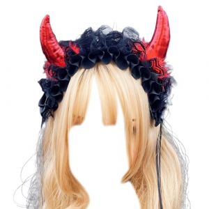 alloneslife Bandeau d'oreille en forme de corne de diable pour femme - Bandeau plissé en dentelle - Pour Halloween, photographie - Gris foncé (JINGYIKEJIGS, neuf)