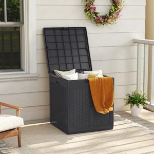 GOPLUS Coffre de Jardin Exterieur Etanche 145 L avec Couvercle Verrouillable, Design Rotin, Poignées Latérales, Boîte Banc de Rangement Jardin pour Outils, Coussins, (Marron,56x56x60,5 cm|145L) (Augenstern24, neuf)