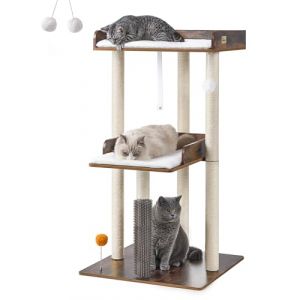 FourFurPets Arbre à Chat Hauteur 111 cm, Tour Arbre à Chat Moderne, Tour à Chat pour Grands Chats d'intérieur Adultes, Arbre à Chat en Bois avec Grande Perche, Marron Rustique (FourFurPets, neuf)