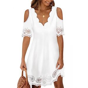 Minetom Dentelle Robe Femmes &Eacute;l&eacute;gante Col V Mini Robe de Vacances Plage Soir&eacute;e F&ecirc;te Casual Tunique Shirt Robe F Blanc XS (Mon Bon Coup FR, neuf)