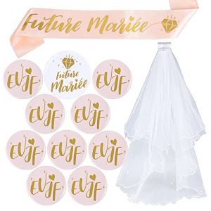 Kit de Accessoire Enterrement de Vie de Jeune Fille 1pcs Voile de Mariage Blanc avec Peigne + 1pcs Écharpe + 1pcs Badge “Future Mariée” + 9pcs Badge “EVJF” Déguisements Décoration pour Fête Soirée (BAIJIANG, neuf)