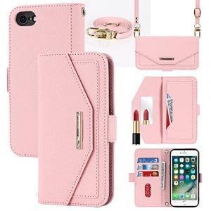 Cavor Coque Compatible avec iPhone 7/8/SE 2020/SE 2022 Etui avec Cordon,Flip Portefeuille Étui Cuir,[5 Porte Cartes][Miroir][Magnétique][Réglable Collier] Housse - Rose (Copmob, neuf)