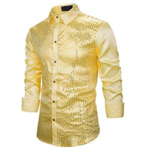 Chemise &agrave; Paillettes pour Homme en Satin de Soie Brillante Disco Party Chemise Veste Tops 2025 Nouvelles Chemises Chemise &agrave; Paillettes Slim Hauts Classique Chemise Chemise Brillante Manches Longues (Beythetly, neuf)