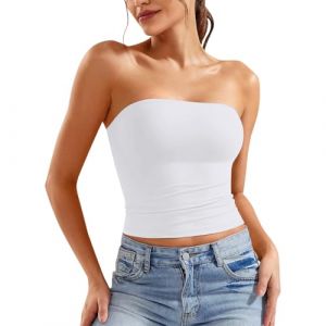 QIUhhpuy Dos Nu Femme Bandeau Tube Top Femme Haut Court Dos Nu T-Shirt Stretch Slim Fit Sexy Caraco sans Bretelles D&eacute;Bardeur sans Manches Y2K Crop Top Bustier Mode Couleur Unie Tube Tops (QIUhhpuy, neuf)