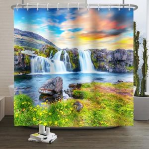Xiaoterna Rideau de Douche Printemps Rideau de Douche Cascade d'été du lac Vert Rideau de Douche Cascade d'Herbes et de Fleurs Tissu imperméable et Lavable en Machine 120x200cm (Xiaoterna Store, neuf)