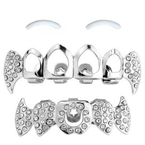 SSyang Grills Dentaires,Hip Hop Teeth Grills Faux Punk 18K Hip Hop Dents,Haut Bas Diamant Strass Dents Grillz Halloween Festival Musique Party Hip Hop Rapper Costume Décoration,Argent,Carreaux Creux (luou, neuf)