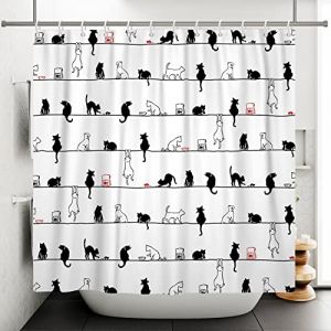 Bovlleetd 180x200cm Dessin anim&eacute; Chat Rideaux de Douche Dr&ocirc;le Chat Noir et Blanc sur la Corde Rideau de Douche Imperm&eacute;able Baignoire Art Rideau Simple Rideau de Salle de Bain avec Crochets (Bettershangmaoyouxiangongsi, neuf)