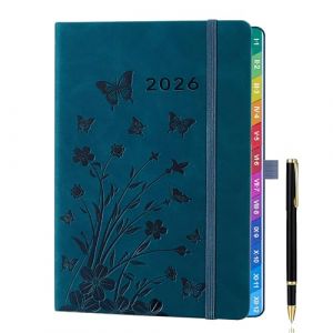 Agenda semainier A5 2026 (janv. à déc.) – Motif floral bleu paon avec onglets mensuels colorés, boucle et porte-stylo élastique, pochette intérieure – Planificateur hebdomadaire élégant (ZT BenYu, neuf)