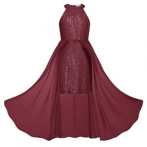 GRACE KARIN Fille Robe à Paillettes et Traîne Robe à Col Rond en Mousseline Robe Casual Trapèze Robe Mignonne Bordeaux 7-8 Ans (Cedar EU, neuf)