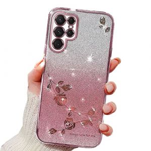 Rnrieyta Miagon pour Samsung Galaxy S23 Ultra Coque Housse Etui,Bling Brillant Glitter Placage Silicone Fleur Gel Case Strass Paillettes Brilliant Chromé Cover (Miagon, neuf)