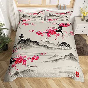 Homemissing Sakura Housse de Couette Japon Fuji Mountain Literie pour Enfants gar&ccedil;on Fille Style Japonais Housse de Couette 220x240cm Aquarelle Vintage Parure de Lit Peinture de Montagne Classique (Bofanshangmao, neuf)