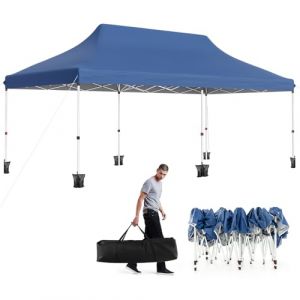 GOPLUS 3x6M Tonnelle Jardin Pliable, Hauteur Réglable, Entrées Zippées, Fenêtres, Sac de Transport, Sac Lesté Pavillon Portable Instantanée Pop-Up pour Fête,Mariage (3x6M-Pliable,Bleu-sans Bâche) (Augenstern24, neuf)