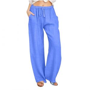 Pantalon Fluide Femme Été Fluide Coton Lin Taille Haute Elastique Décontractés Pantalons Mode Chanvre Confortable Jogging Plage Rétro Pants Léger Respirant Pantalon avec Poches (⭐⭐⭐⭐⭐Susenstone, neuf)