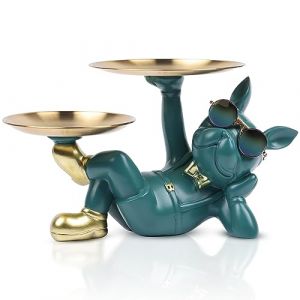 suruim Bouledogue Statue Chien avec Plateau D&eacute;coratif - Plateau de Rangement en R&eacute;sine pour Cl&eacute;s, Friandises et D&eacute;coration, Decoration Maison Moderne Deco Interieur Maison (Vert-2) (Suruim  Official, neuf)
