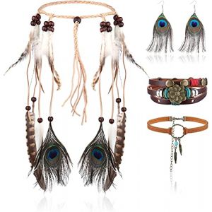 LOLIAS 4 Pi&egrave;ces Coiffe Indienne Ensemble Collier Cuir Boucles d'oreilles Plumes pour Femmes Bracelet Fait Main Vintage Boho Hippie Tribal Th&egrave;me F&ecirc;te Carnaval Bijoux (LoliasEU, neuf)