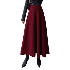 BiilyLi Jupe Longue Femme Hiver &Eacute;l&eacute;gant Carreaux Haute Taille Maxi Jupe en Laine A-Line Taille &eacute;lastique Skirt 1955 Rouge vin -XL (Five Magnolia Flowers, neuf)