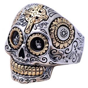 Bague Tete de Mort Mexicaine Skull en Argent Sterling 925 Anneau de Crane Bijoux Biker Gothique pour Hommes Femmes Taille 67 (ForFox, neuf)