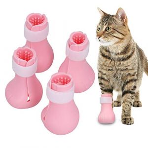 Lot De 4 Bottes De Chat en Silicone, Anti-Rayures Couvre-Griffes De Chat Protection des Pattes avec Sangle R&eacute;glable pour Le Bain, Le Rasage, L'examen Et Le Traitement des Chats(Rose) (Chophin-EU, neuf)