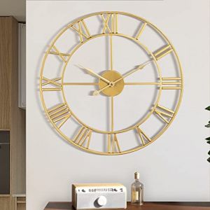 Maxstar Chiffres Romains Modernes Grandes horloges murales Horloge Murale silencieuse en m&eacute;tal Rond sans tic-tac pour Salon, Cuisine, Chambres, horloges murales Vintage de Jardin, d&eacute;cor Noir 60 cm (Jia Mi Home INC. FR, neuf)