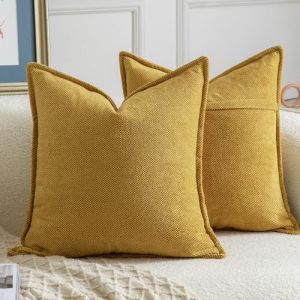 Madizz Lot de 2 Doux Housses de Coussin en Chenille avec Bordure D&eacute;corative pour Canap&eacute; Chambre &agrave; Coucher Salon D&eacute;coration Maison Moderne Jaune Moutarde 50x50 cm (Madizz, neuf)